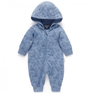 Purebaby有機棉嬰童連帽拉鍊連身裝-灰藍鋪棉