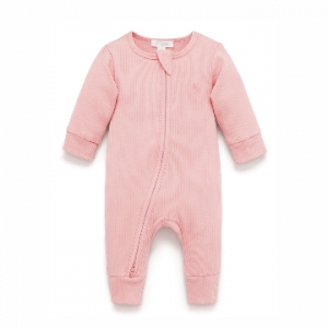 Purebaby有機棉嬰童拉鏈連身裝-粉色