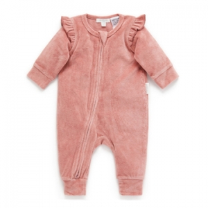 Purebaby有機棉嬰童拉鍊連身裝-粉色絨布