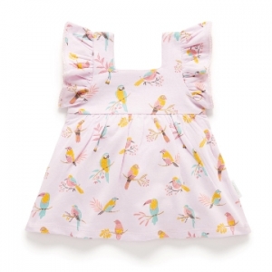 Purebaby有機棉嬰兒洋裝包屁衣-粉紅鸚鵡