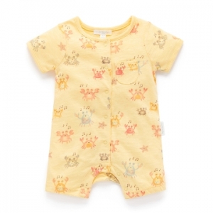 Purebaby 有機棉嬰童短袖連身裝-黃色螃蟹印花