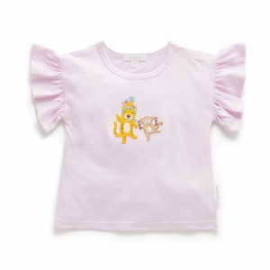 Purebaby有機棉女童短袖上衣-粉紅動物布繡