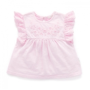 Purebaby有機棉女童刺繡上衣-粉紅刺繡