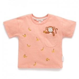 Purebaby有機棉男童上衣-粉橘猴子繡