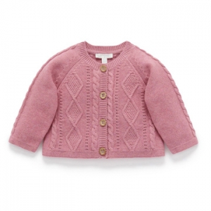 Purebaby有機棉女童針織外套-粉紅菱格