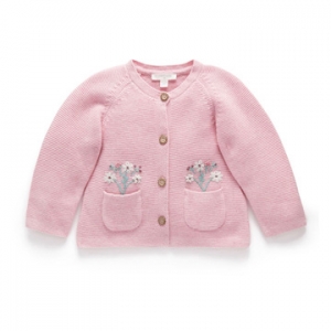 Purebaby有機棉女童針織外套-粉紅口袋繡花