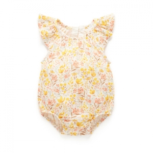 Purebaby有機棉嬰兒短袖包屁衣-橘黃花卉
