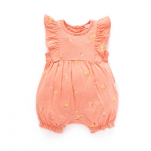 Purebaby有機棉嬰兒短袖連身衣-橘紅繡花