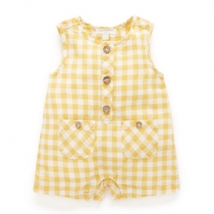 Purebaby有機棉嬰兒背心連身衣-黃色格紋