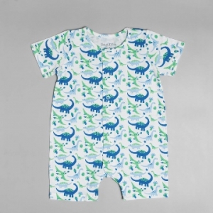 Deux Filles有機棉嬰兒短袖連身裝-藍綠恐龍