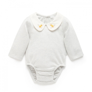 Purebaby有機棉嬰兒長袖包屁衣-刺繡圓領