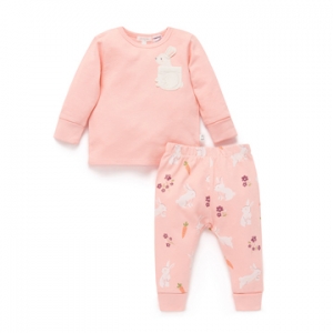 Purebaby有機棉女童居家服-粉橘小兔
