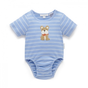 Purebaby 有機棉嬰童短袖包屁衣-藍色小狗