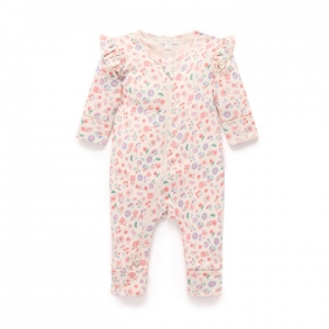 Purebaby有機棉嬰兒拉鍊連身衣-紅藍花卉