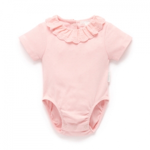 Purebaby有機棉嬰兒短袖包屁衣-粉桃荷葉領