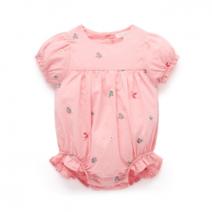 Purebaby有機棉嬰兒短袖包屁衣-粉紅繡花