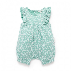 Purebaby有機棉嬰兒短袖連身衣-粉綠花卉