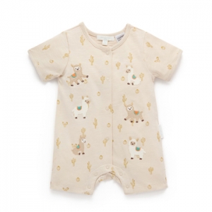 Purebaby有機棉嬰兒短袖連身衣-卡其羊駝