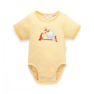 Purebaby有機棉嬰兒短袖包屁衣-黃條紋