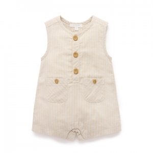 Purebaby有機棉嬰兒背心連身衣-亞麻條紋