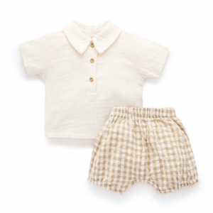 Purebaby有機棉嬰童短上衣褲套裝-棕色格子