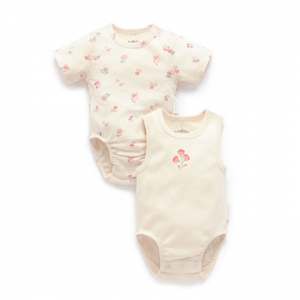 Purebaby有機棉嬰兒短袖包屁衣2件組-紅碎花